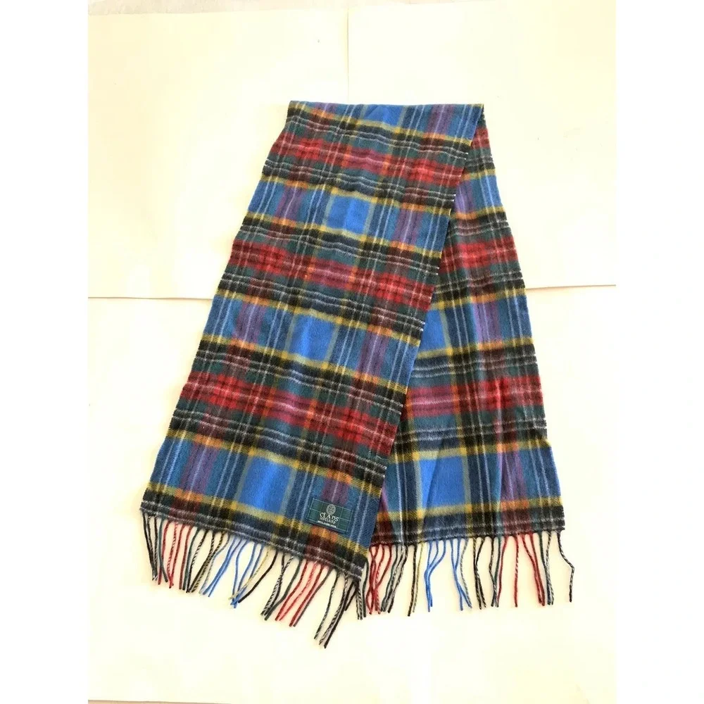 Clans Scotland 100% Lambswool Tartan Plaid Scarf Blue Red Wool Fringe 58